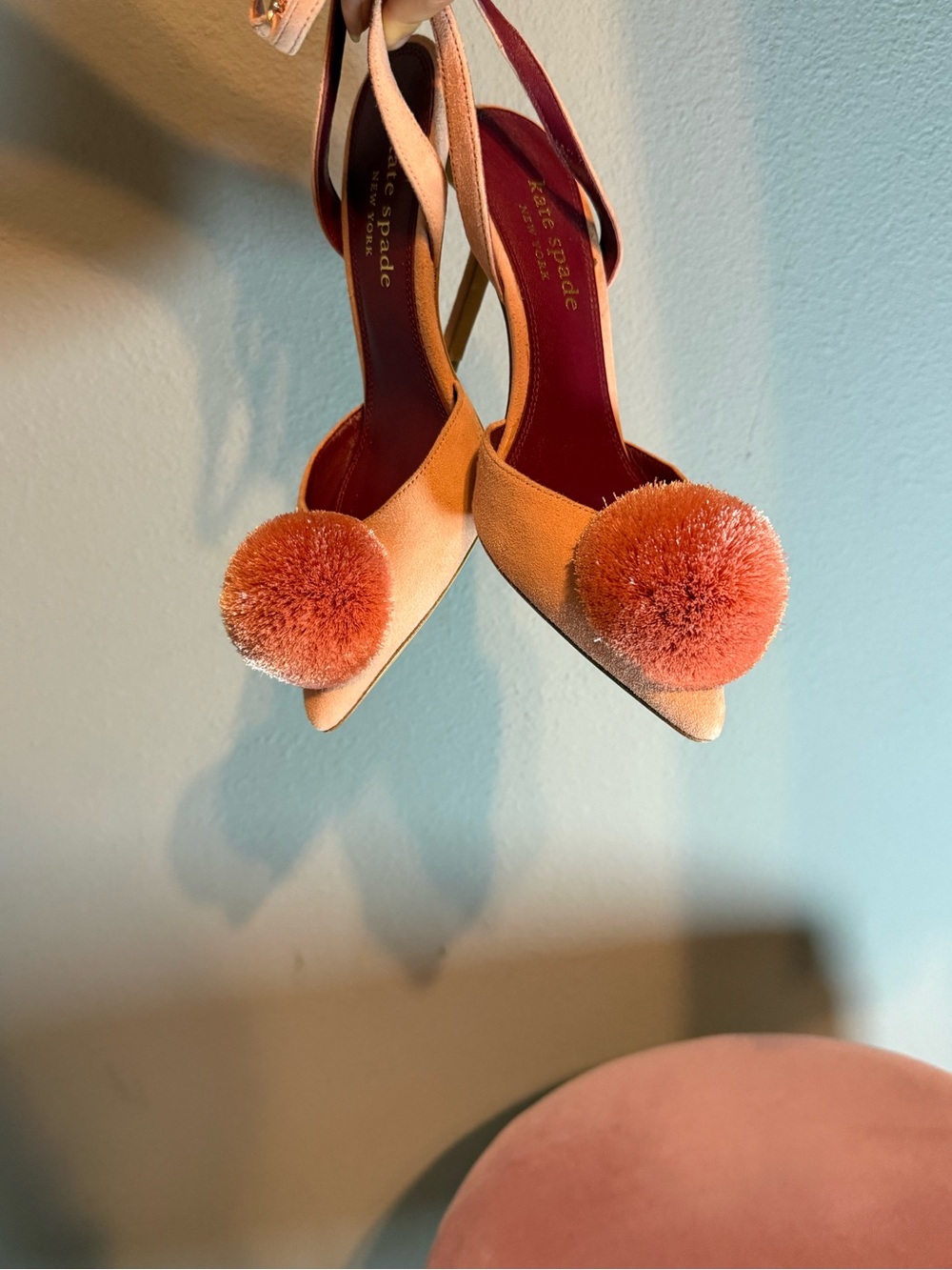 kate spade Coral Pink Suede Pom-Pom Ankle-Strap Heels size 6 - Picture 3 of 9